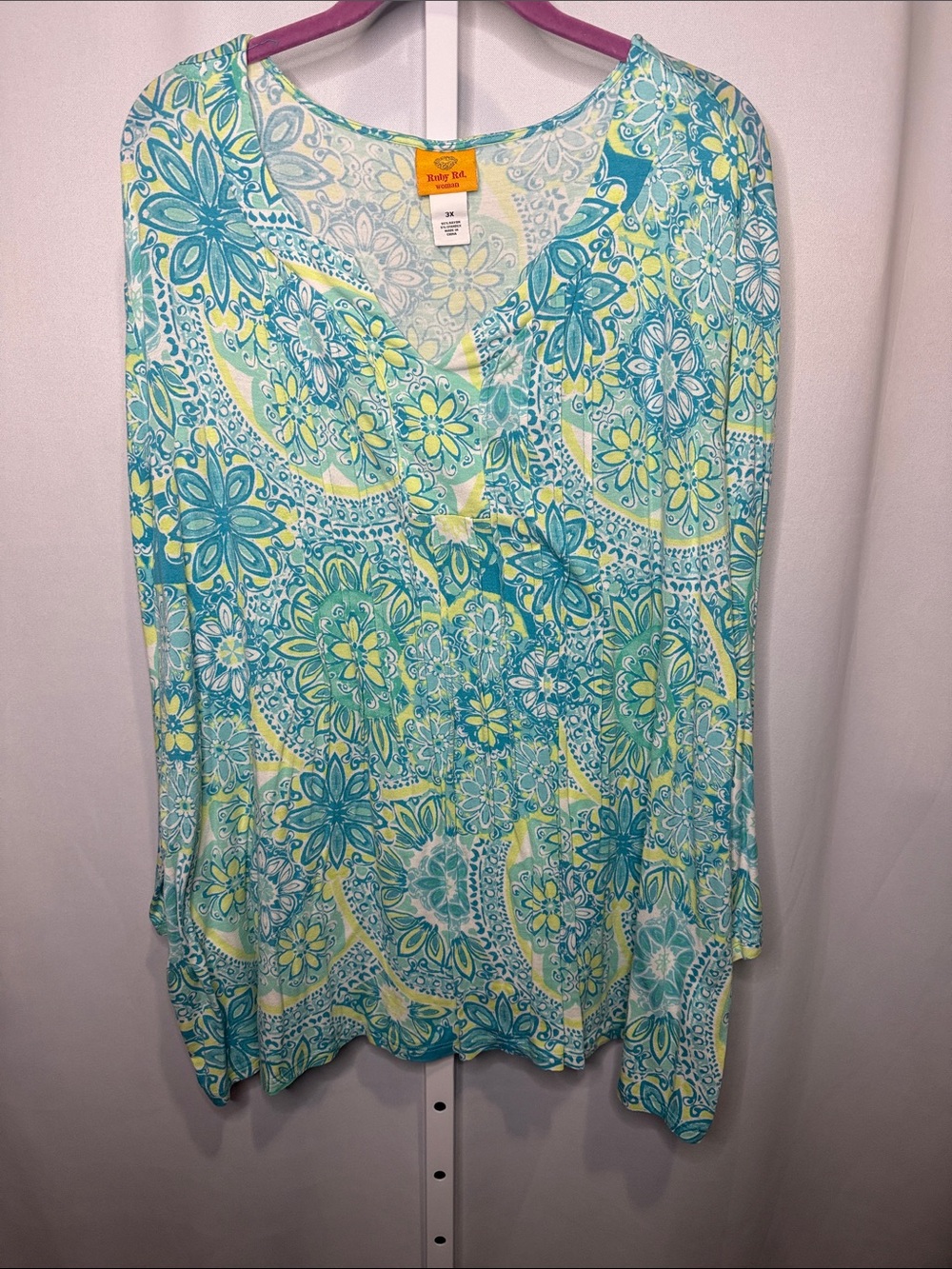 Ruby Rd. Aqua Teal & Yellow V-Neck Floral Tunic